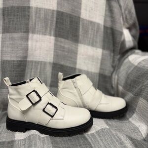 SO from Kohls Stylish White Ankle Boots with Buckle Detail